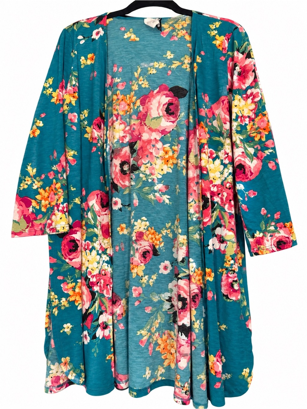 HEIMISH USA Teal Floral Open-Front Kimono with Pink Accents